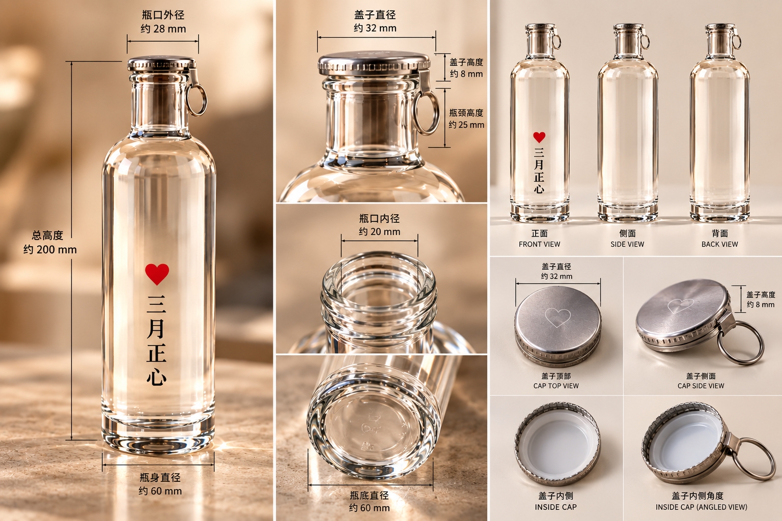 三月正心350ml玻璃瓶结构及尺寸
